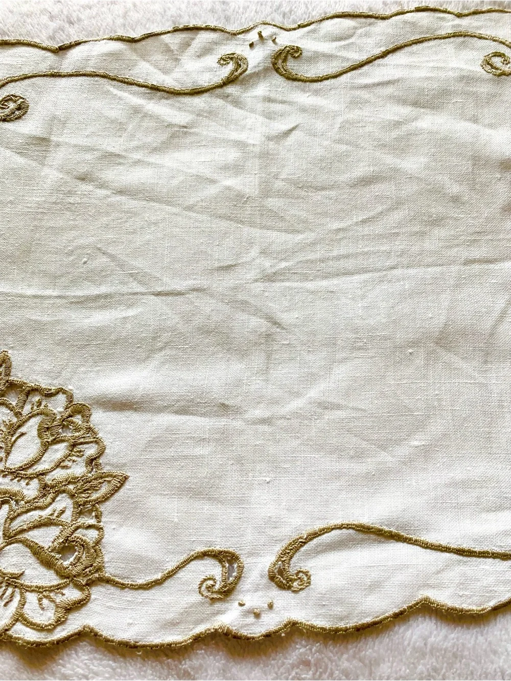 Vintage Cream Table Linen with Gold Embroidered Scrollwork